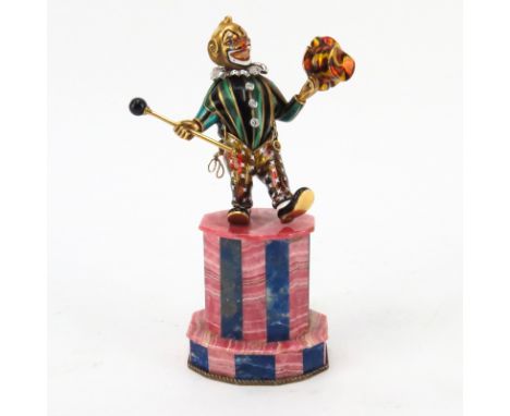 Very Fine Vintage 18 Karat Yellow Gold and Enamel Clown Figure with Diamond Accents on Lapis Lazuli and Rhodochrosite Base At