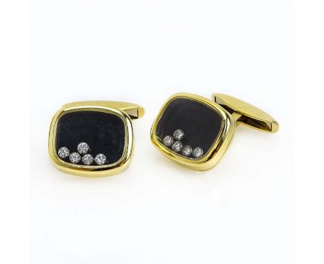 Chopard 18 Karat Yellow Gold, Approx. .50 Carat Diamond and Black Onyx Happy Diamonds Cuff Links. Diamonds F color, VVS clari