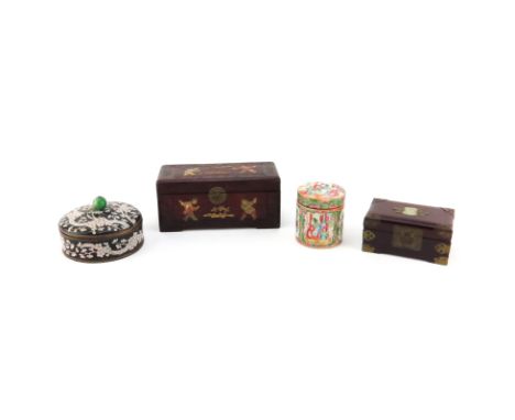 Collection of Four (4) Chinese Boxes. Includes: Two hardstone inlaid boxes, cloisonné round box, and porcelain covered box. W