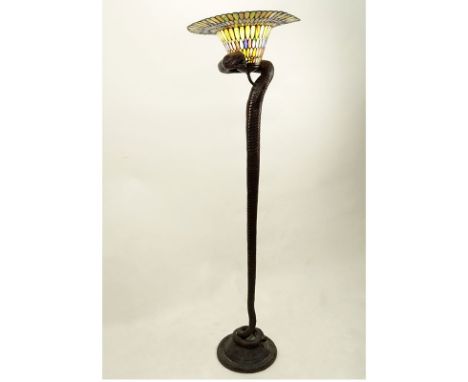After: Edgar Brandt, French (1880-1960) "Cobra" Polychrome Composition Floor Lamp with Stained Glass Shade. Some rubbing to c