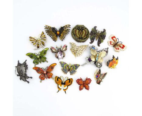 Collection of Fifteen (15) Fashion Butterfly Brooches and One (1) Compact variously with enamel and faux gem stones. Vintage 