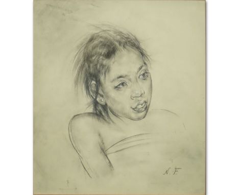 Attributed to: Nikolai Fechin, Russian (1881-1955) Charcoal on Paper, Portrait of Woman. Artist monogram N.F. lower right. Go