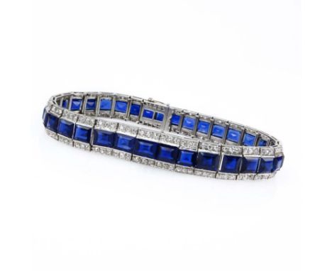 GIA Certified Art Deco 22.0 Carat Unheated Cut Burma Sapphire, 3.50 Carat Diamond and Platinum Bracelet. Superb quality sapph