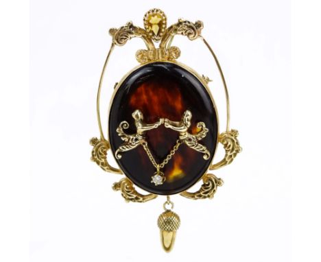 Victorian 14 Karat Yellow Gold and Tortoise Shell Pendant/Brooch with Citrine and Diamond Accents. Unsigned. Good antique con
