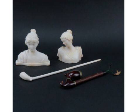 Grouping of Four (4) Tableware. Includes two classical Grecian alabaster bust figures, black forest style pipe, and ceramic p