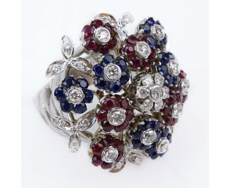 Vintage Cartier Diamond, Ruby, Sapphire and 18 Karat White Gold Ring en tremblant. Diamonds D-E color, VVS-VS clarity. Sapphi
