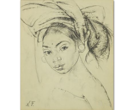 Attributed to: Nikolai Fechin, Russian (1881-1955) Charcoal on Paper, Portrait of Woman. Artist monogram N.F. lower left. Goo