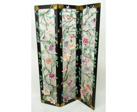 Lee Menichetti (20th C.) Hand Painted Metal Art Butterflies and Flowers 3 Panel Screen. Minor rubbing to paint. Measures 72" 