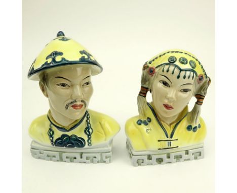 Pair of Goldscheider Pottery Oriental Male and Female Figurines. Signed on underside. Small nicks to base on one figure other