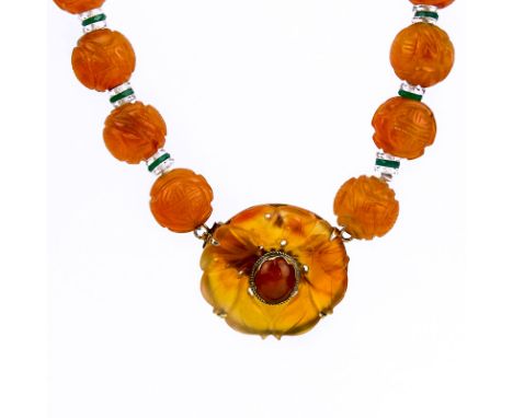 Art Deco Carved Carnelian, Rock Crystal, Chrysoprase and 14 Karat Yellow Gold Necklace. Marked 14K to clasp. Beads measure 13