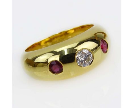 Cartier Gypsy 18 Karat Yellow Gold Dome Band Ring with Approx. .20 Carat Diamond and Ruby Accents. Diamond F color, VS1 clari