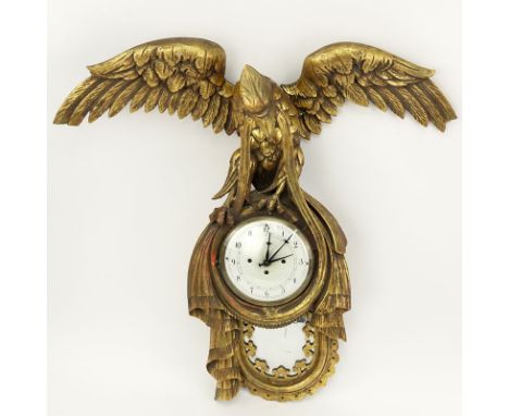 18/19th Century Continental Carved Gilt Wood Eagle Wall Clock. Pendant & Key Included. Unsigned. Losses, Wear and Rubbing. No