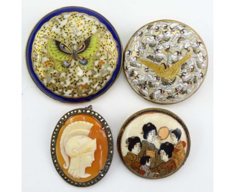 Collection of Three (3) Japanese Satsuma Porcelain Brooches together with One (1) Carved Shell Cameo Pendant Brooch. Three Sa