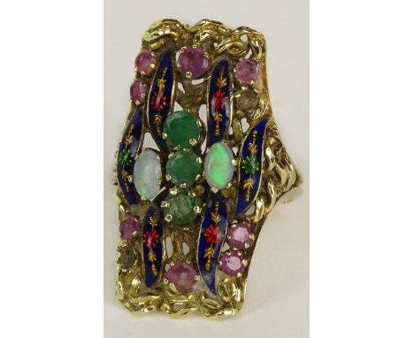 Lady's Vintage Emerald, Opal, Ruby, Enamel and 18 Karat Yellow Gold Ring. Unsigned. Missing Two (2) Small Rubies Otherwise Go