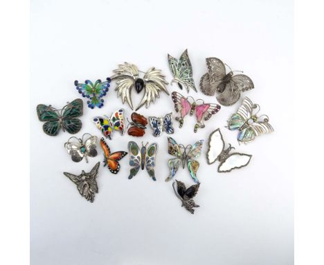 Collection of Seventeen (17) Silver Butterfly Brooches with Various Stone Accents or Enamel. Fifteen signed sterling or 925, 