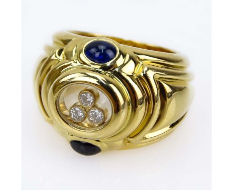 Chopard Happy Diamonds 18 Karat Yellow Gold, Diamond and Cabochon Sapphire Dome Ring. Diamonds F Color, VVS1 clarity. Signed.
