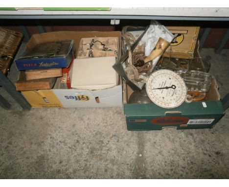2 boxes inc waymaster scales, vases and vintage baubles etc