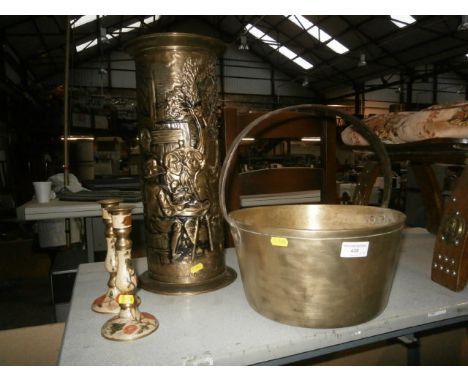 brass jam pan, stick stand and candlesticks