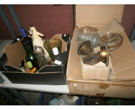 2 boxes inc oil lamp parts, soda syphon and claret jug etc