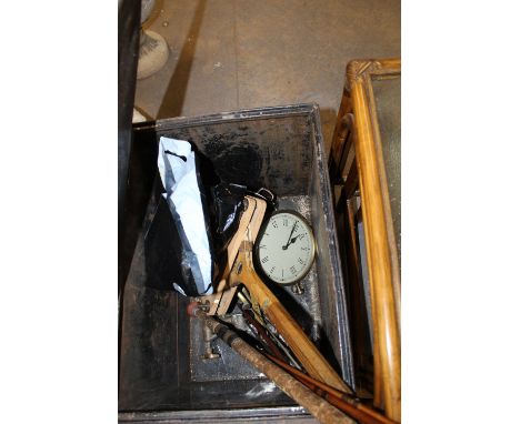 Tin box, vintage Dunlop tennis racket, brass copper etc