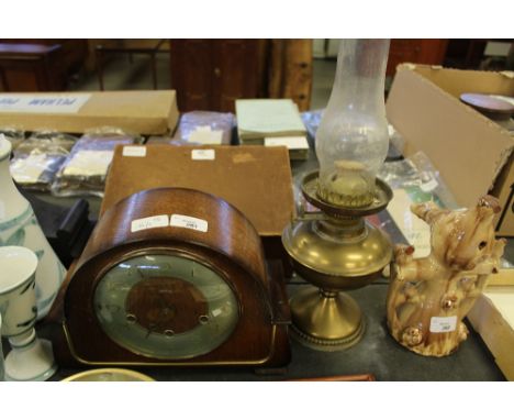 Oak Mantel Clock and Brass Lamp