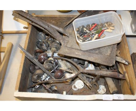 Box of tools, door furniture etc