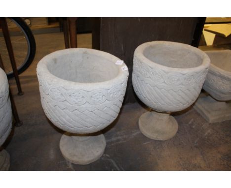 2 Mayan Urns - circular planters decorated with Aztec design on circular base
