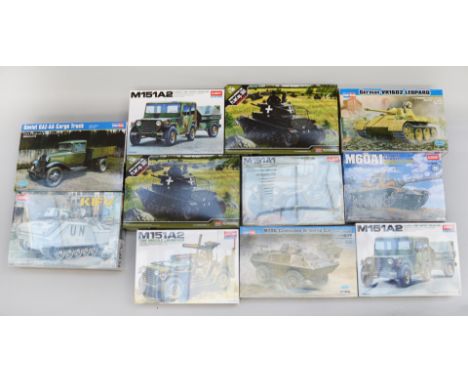 11 x 1:35 scale military plastic model kits by Academy and HobbyBoss. Unused.