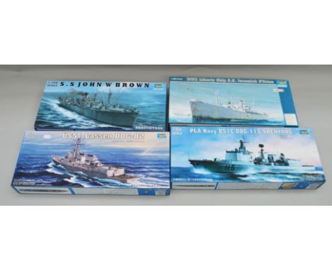 Four Trumpeter 1:350 scale plastic model kits, all boats: John Brown; Shenyang; Lassen; Jeremaiha. Boxed, unstarted and compl