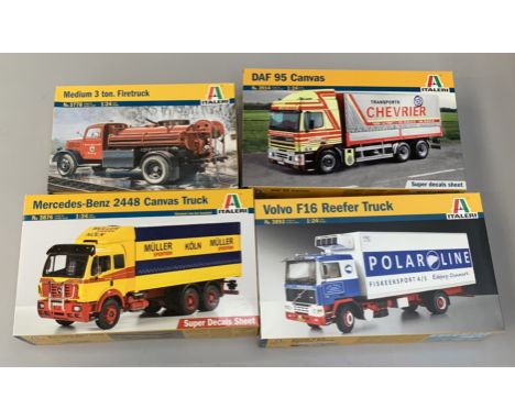 Four Italeri 1:24 scale plastic model kits, all trucks: 3893 Volvo F16 Reefer Truck; 3876 Mercedes-Benz 2448 Canvas Truck; 39