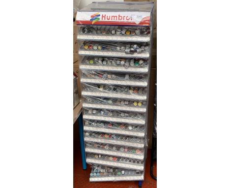 Humbrol retailers floor standing rack containing approx. 400 14ml cans of enamel, satin, gloss and matte paint. 