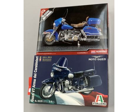 Two plastic model kits, both motorcycles: Italeri 4639 Guzzi V7 1:9 scale; Academy 15501 Classic Motorbike 1:10 scale. Both b