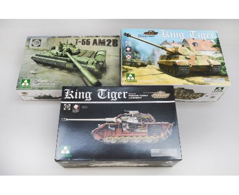 Three Takom 1:35 scale plastic model kits, all tanks: 2046 King Tiger; 2074 King Tiger; 2057 T-55. E, unused. (3)