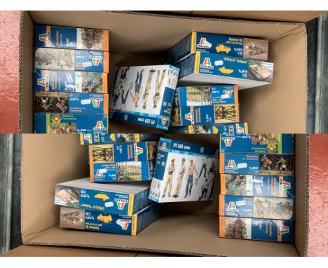 20 x Italeri 1:32, 1:35 and 1:72 scale plastic model kits, including military. Boxed, unstarted and complete.