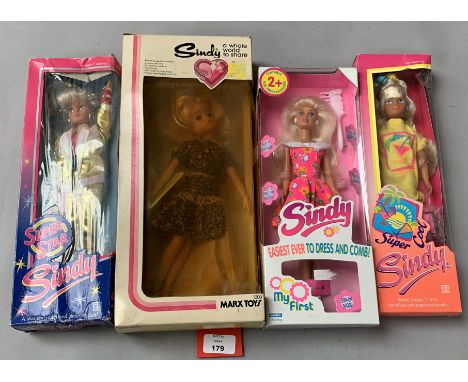 Four Sindy dolls: Marx Sindy; Hasbro My First Sindy; Hasbro Super Star Sindy; Hasbro Super Cool Sindy. VG in F-G boxes. (4)