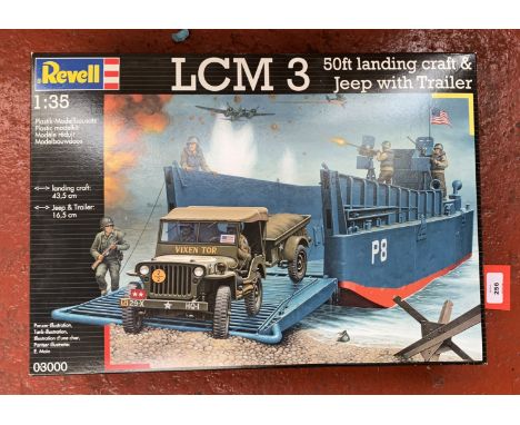 Revell 03000 LCM 3 50ft Landing Craft &amp; Jeep with Trailer 1:35 scale plastic model kit. Boxed, unstarted and complete.