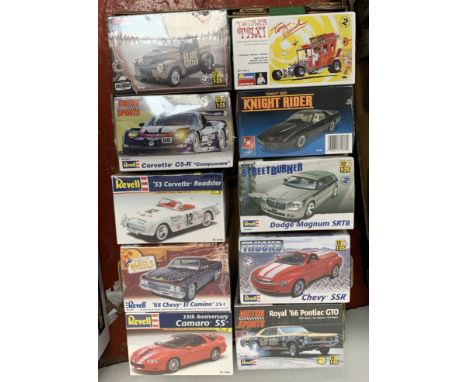 10 x plastic model kits, all 1:24 scale cars by Revell, Monogram, etc. Sealed.