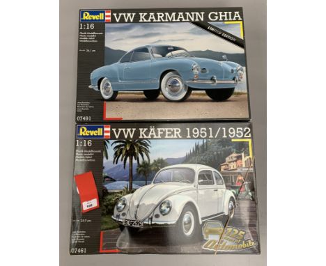 Two Revell 1:16 scale VW plastic model kits: 07491 Karmann Ghia Coupe; 07461 Kafer 1951/1962. Boxed, unstarted and complete. 