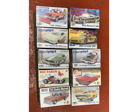 10 x plastic model kits, all 1:24 scale cars by Revell and Monogram, includes Chevy and similar. Unopened.