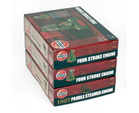 Three Airfix steam model kits: A08870 1827 Paddle Steamer Engine; two A07870 Four Stroke Engine. Boxed, unstarted and complet