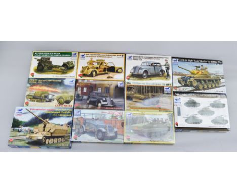 11 x Bronco Models 1:35 scale model kits, all military, including: CB35072 M-24 Chafee; CB35054 German Light Saloon Coach Mod