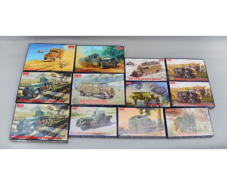 12 x Reoden WWII 1:72 scale plastic model kits. Boxed, unstarted and complete.