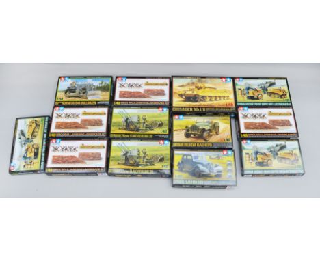 13 x Tamiya 1:48 scale military plastic model kits, including vehicles and scenic accessories. Boxed, unstarted and complete.