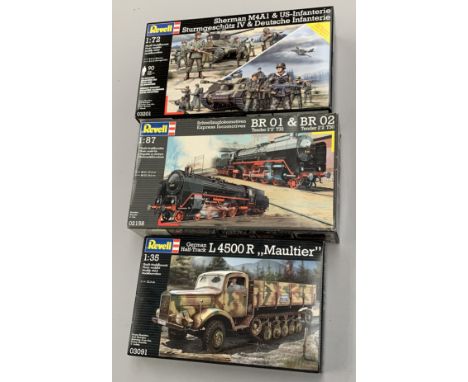 Three Revell plastic model kits: 03201 Sherman M4A1 &amp; US Infantry, Sturmgeschutz IV &amp; German Infantry and Diorama 1:7