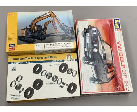 Three plastic model kits: Revell 7295 VW Golf 1:24 scale; Hasegawa 52161 Excavator; Italeri 3909 European Tractors Tryes &amp