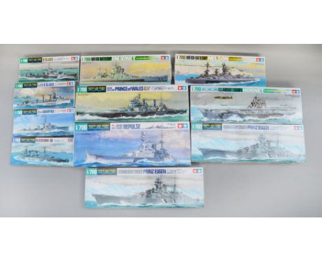 11 x Tamiya Water Line Series 1:700 scale plastic model kits. Boxed, unstarted and complete. 