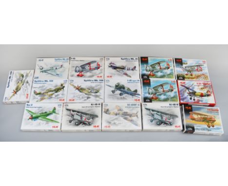 16 x ICM aircraft plastic model kits, 1:72 and 1:48 scale. Boxed, unstarted and complete.