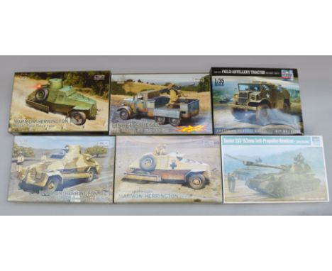 Six military 1:35 scale plastic model kits: four IBG Models; Trumpeter 05543; Mirror 35122. Unused, E. (6)