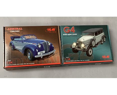 Two ICM 1:24 scale plastic model kits, both WWII German cars: 24021 Admiral Cabriolet; G4 with open cover. Boxed and E.