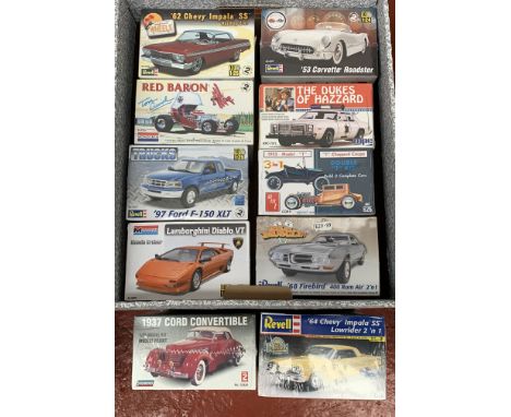 10 x 1:24 and 1:25 scale plastic model kits by Revell, Lindberg, Monogram, all cars, including Dukes of Hazzard. Sealed.